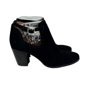 Frye Meghan Ankle Boots Black Suede Booties Cutout Strap w/ Buckle Heeled sz 9